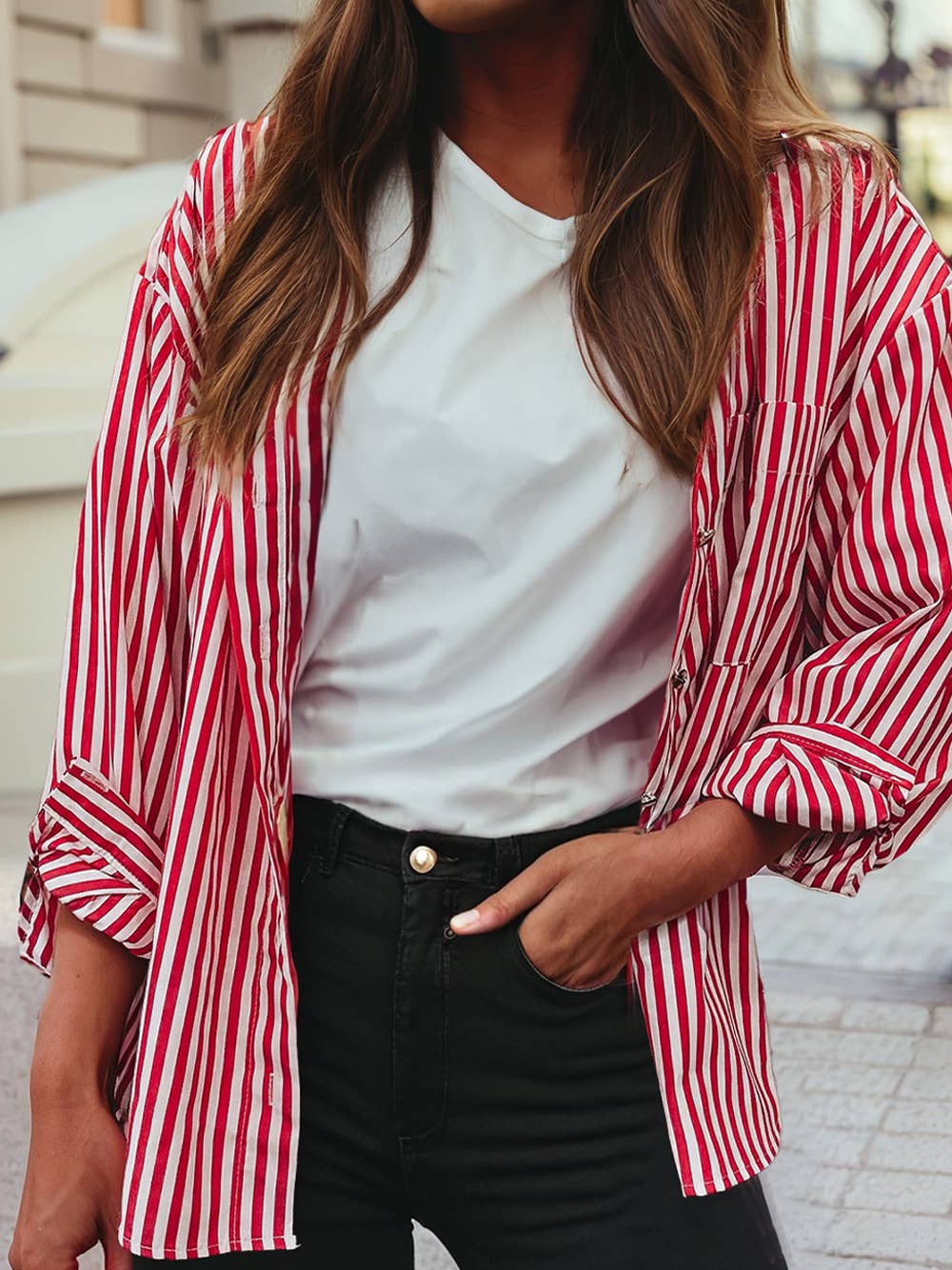 Stripe Patch Pocket Side Slit Loose Shirt
