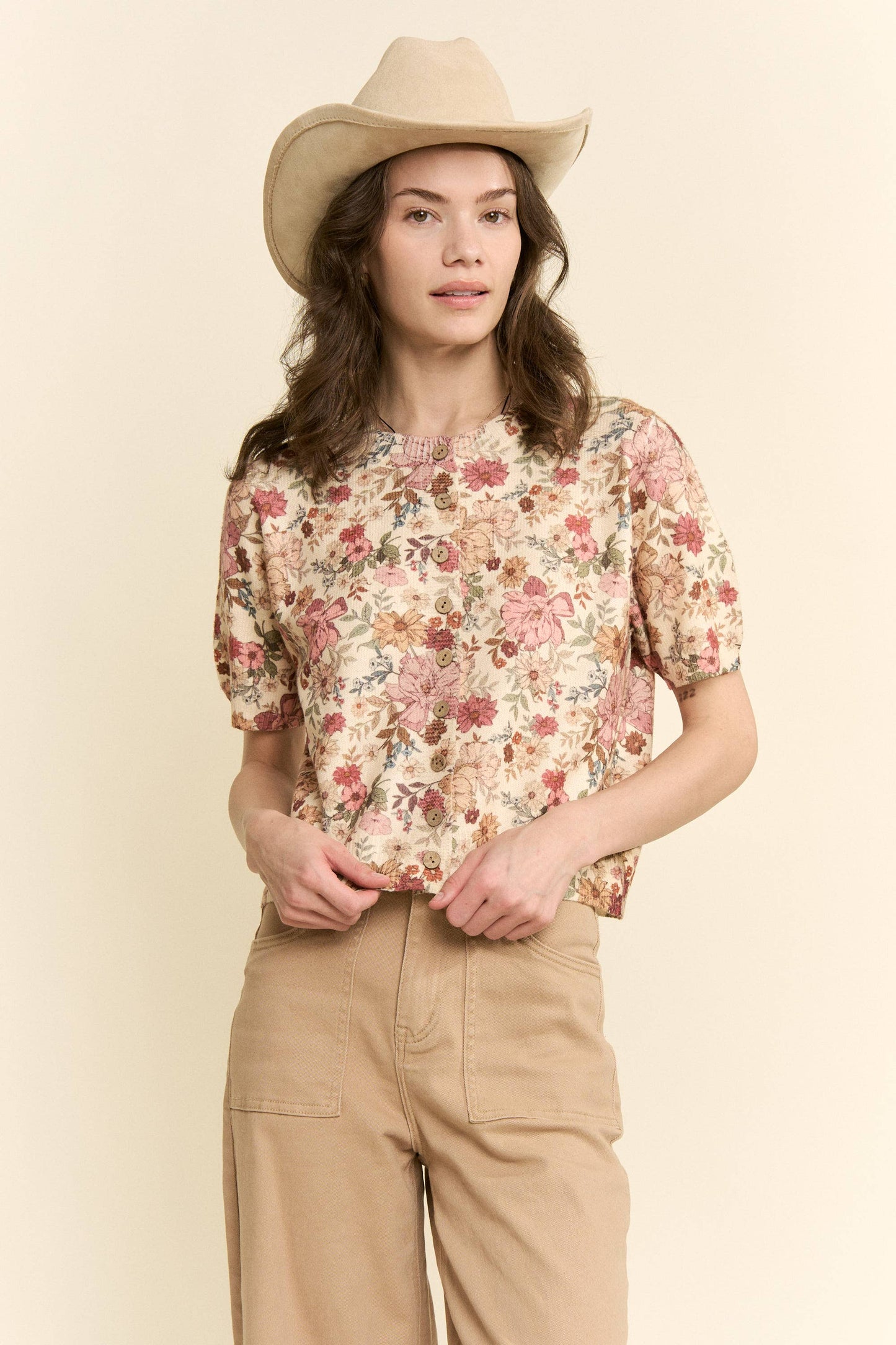 FLORAL KNIT BUTTON DOWN SHORT SLEEVE TOP