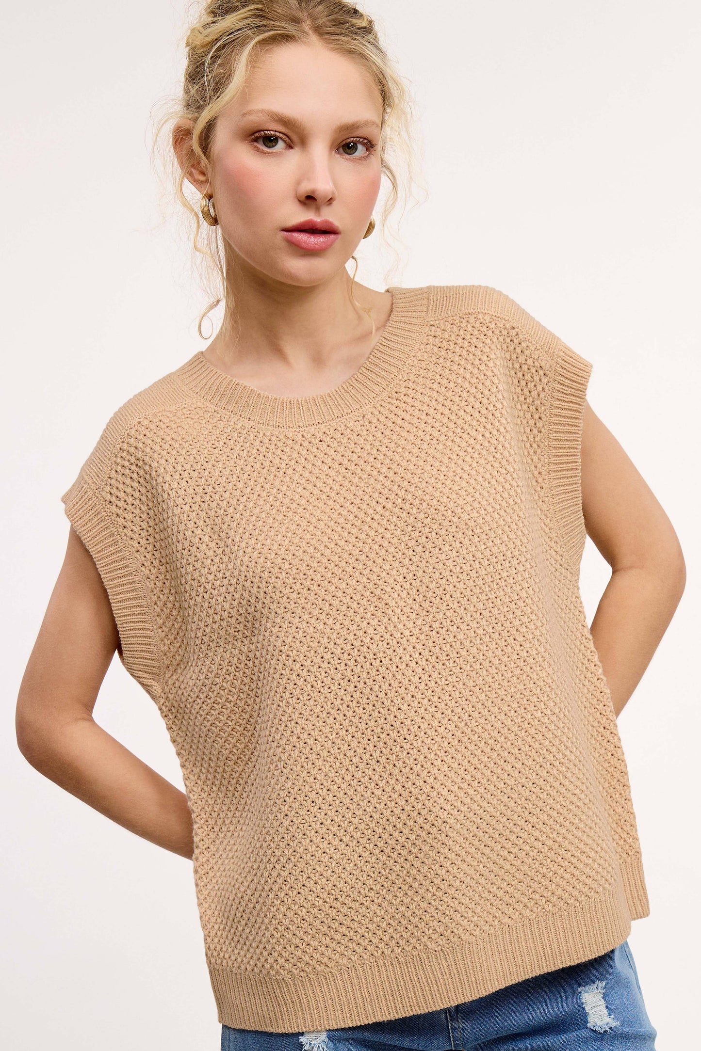 Loose Fit Round Neck Sweater Vest Top
