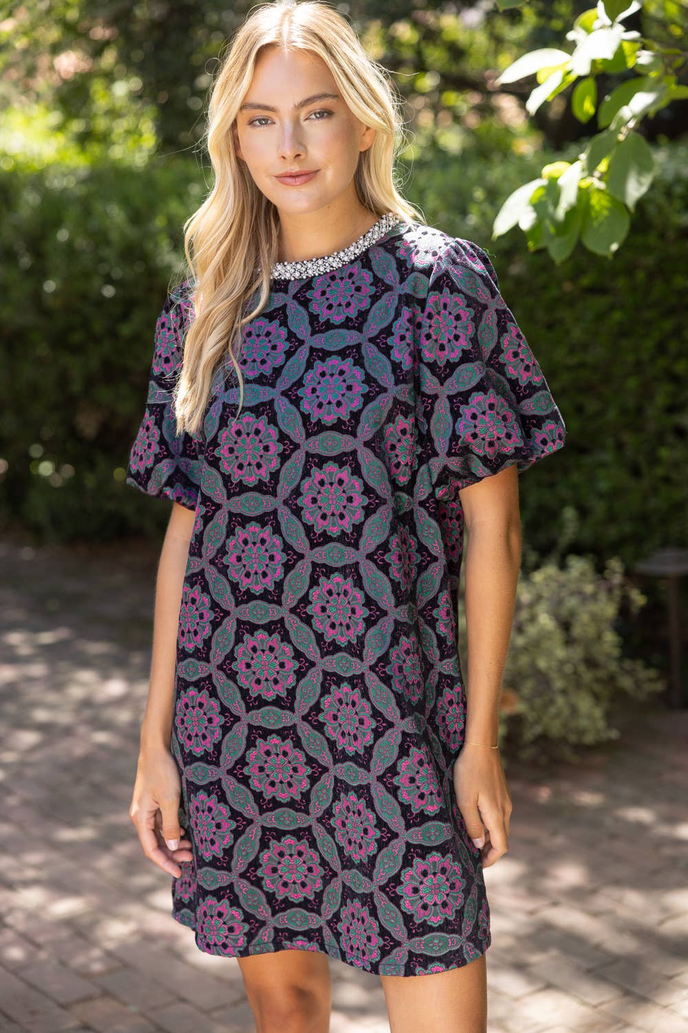 Beaded Neckline Geometric Velvet Jacquard Dress