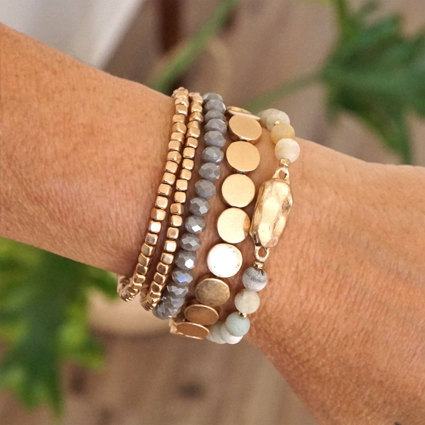 5 piece Boho Beaded Bracelets Stack Semi Precious Metal Glas