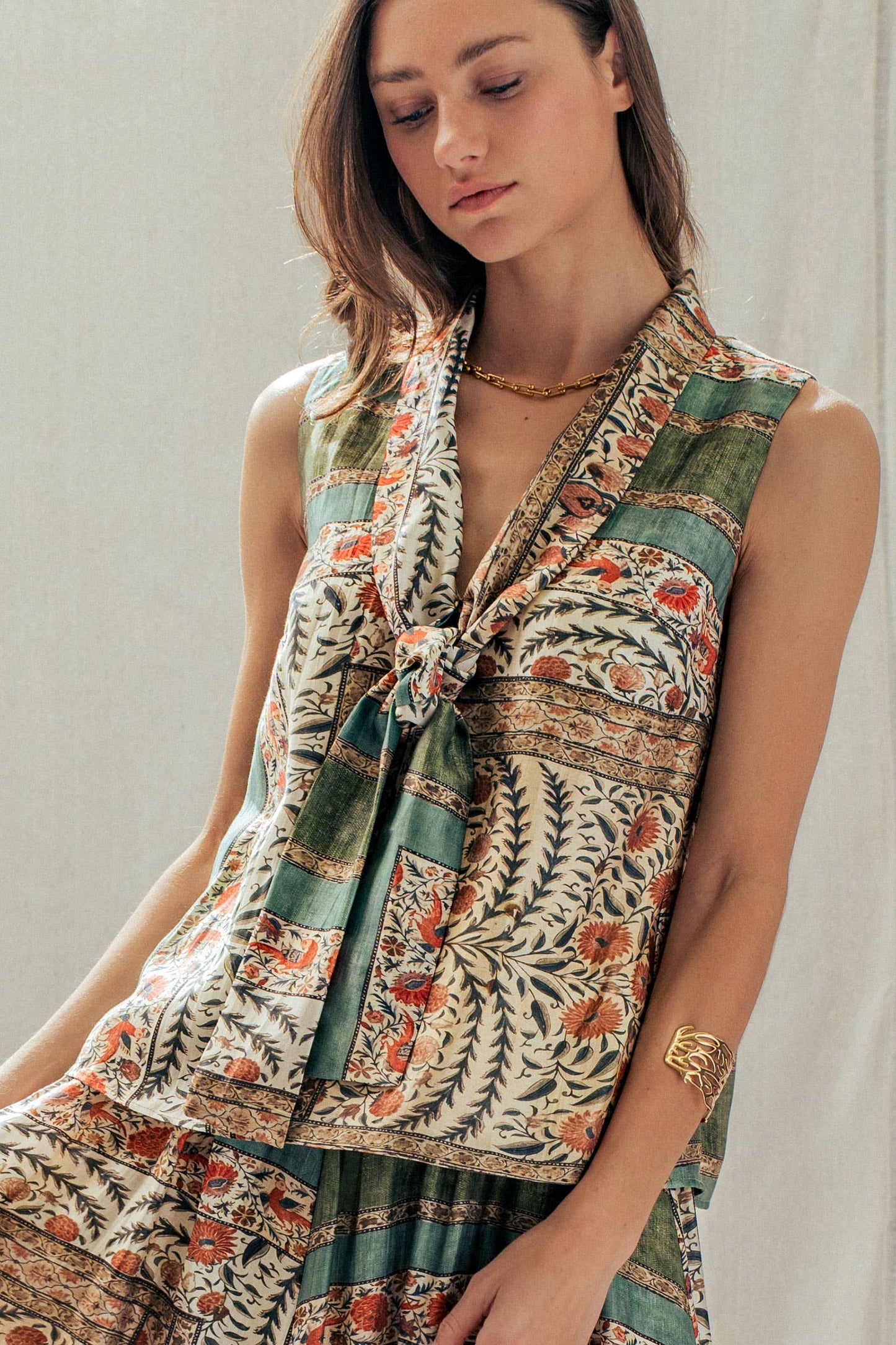 Botanical Bird Print Tie-Front Tencel Blend Top
