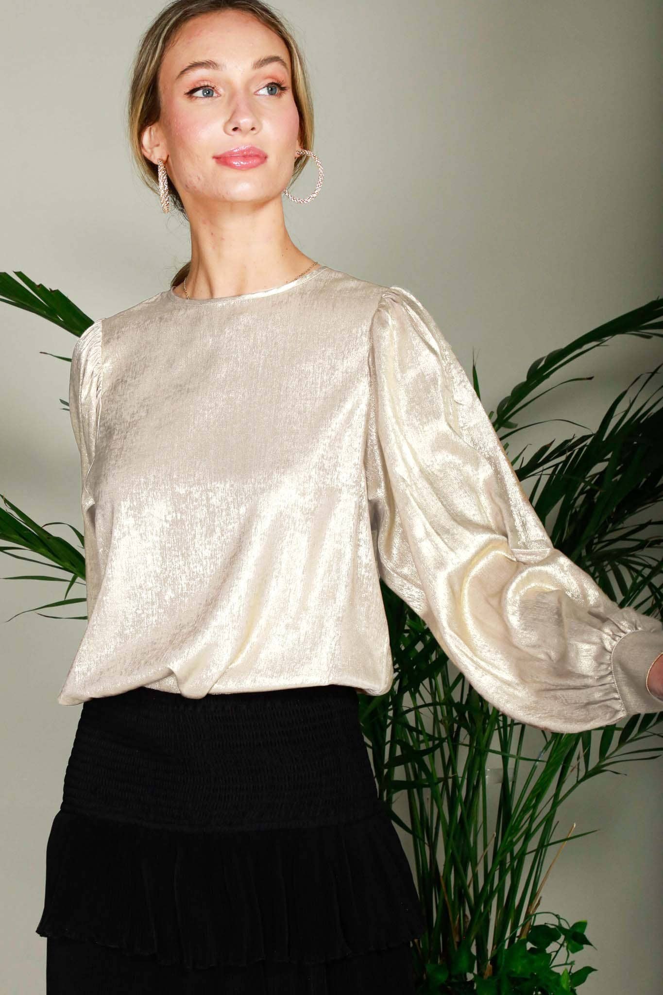 Long Balloon Sleeve Round Neck Metallic Woven Blouse