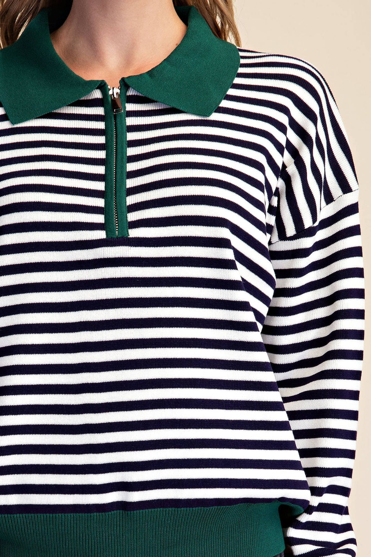 Collar Zip Neck Long Sleeve Stripe Sweater