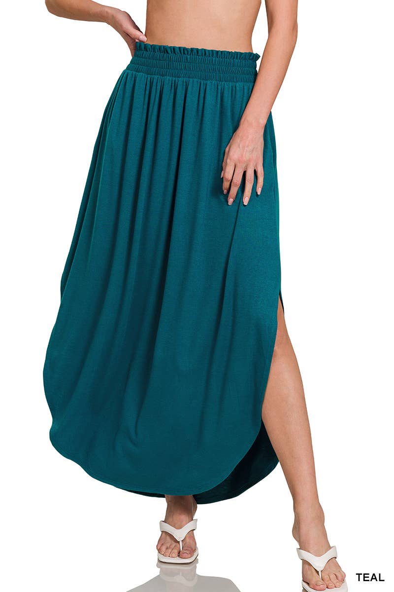 SMOCKED WAIST SIDE SLIT MAXI SKIRT WITH POCKETS