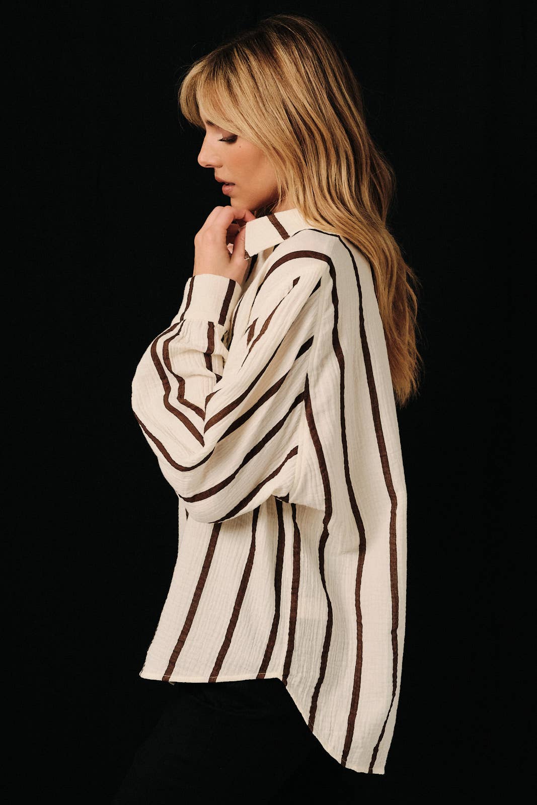 DOLMAN LONG SLEEVE BUTTON DOWN DOUBLE GAUZE STRIPE SHIRT