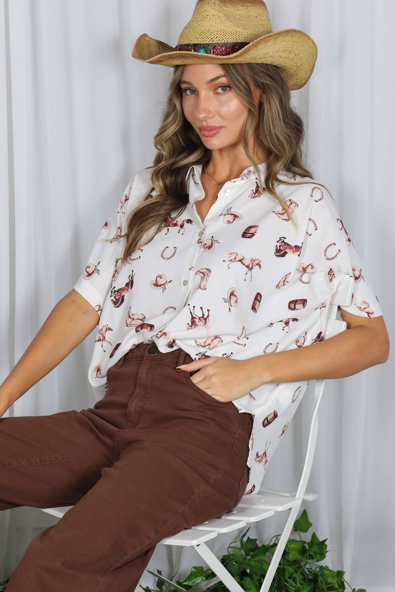 Western-Inspired Collared Button Front Shirt