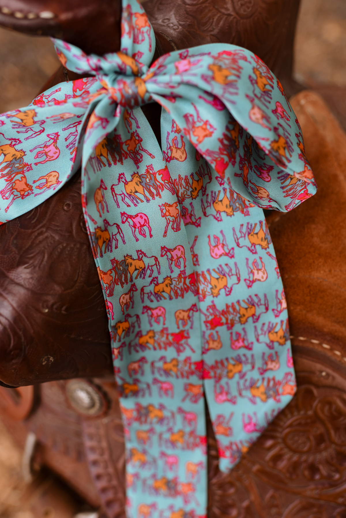 Mustang Meadows Twilly Scarf in Turquoise: Western Horse Satin Chiffon Scarf