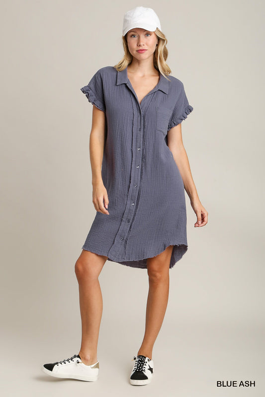 Button Down Short Sleeve Gauze Dress