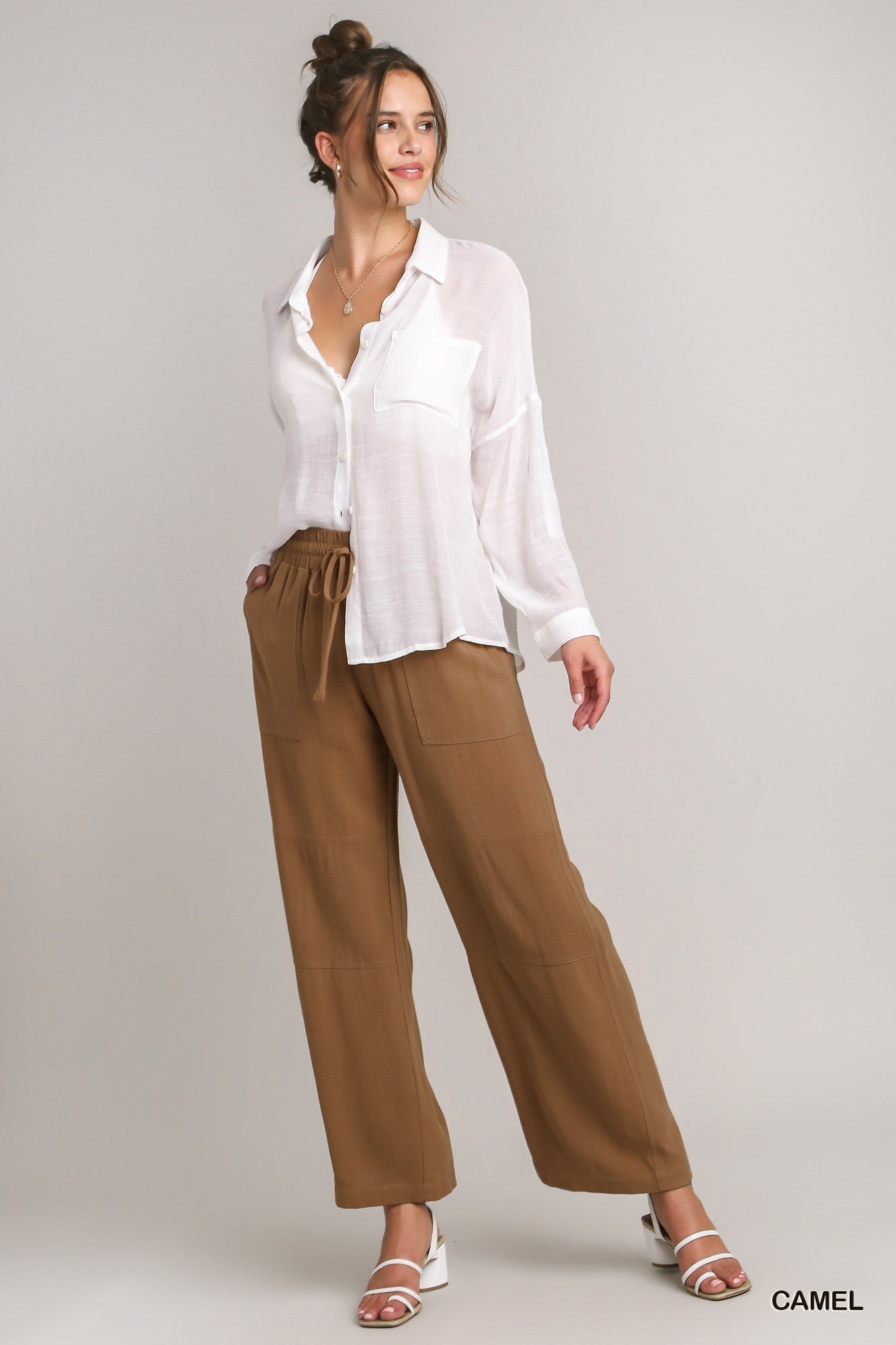 Linen Blend Elastic Waistband Pants