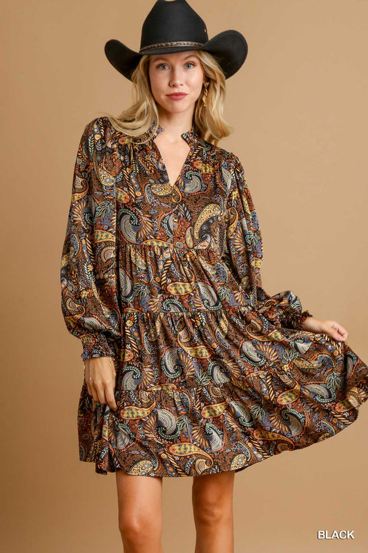 Satin Paisley Dress with 3/4 Puff Sleeve