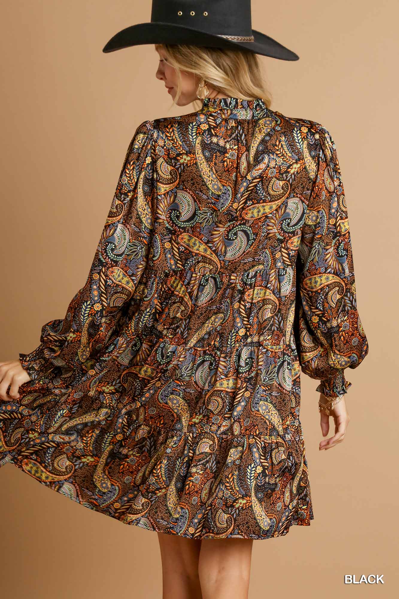 Satin Paisley Dress with 3/4 Puff Sleeve