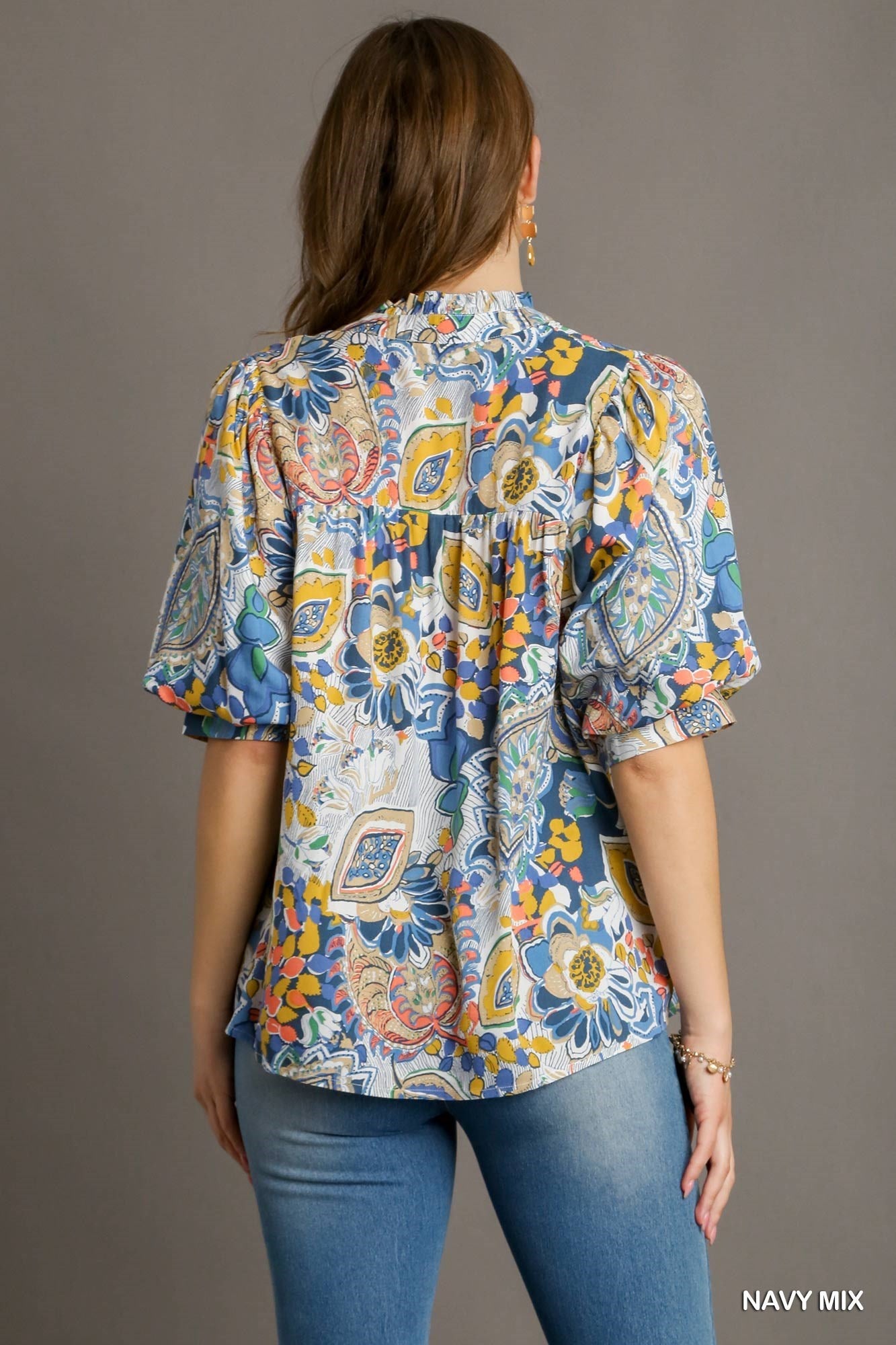 Mixed Print Pleated Top