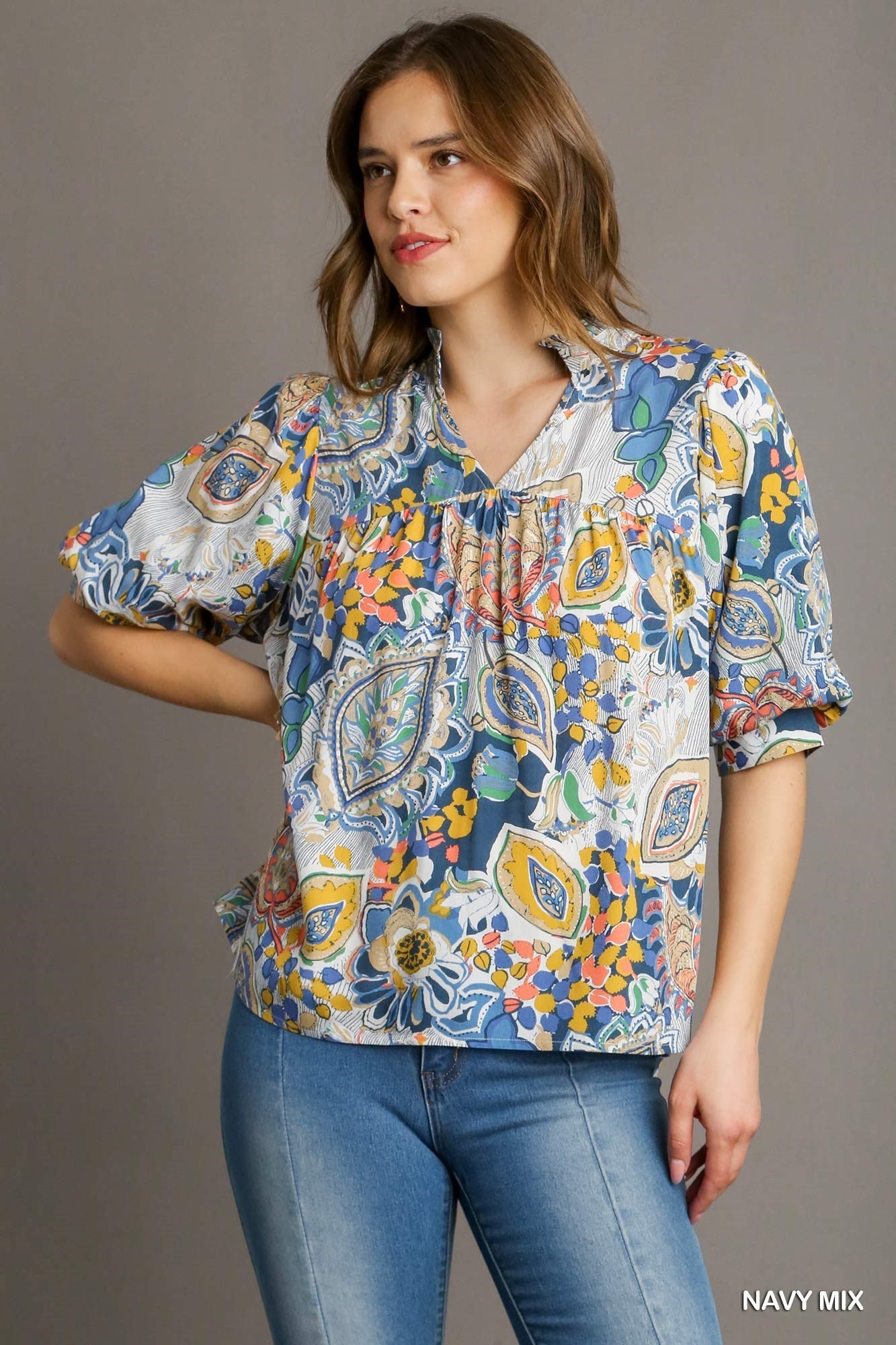 Mixed Print Pleated Top