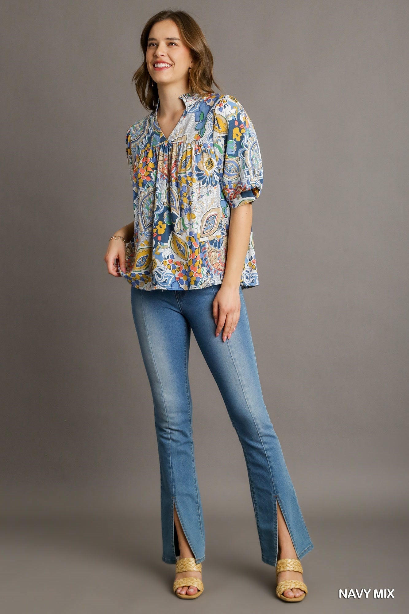 Mixed Print Pleated Top