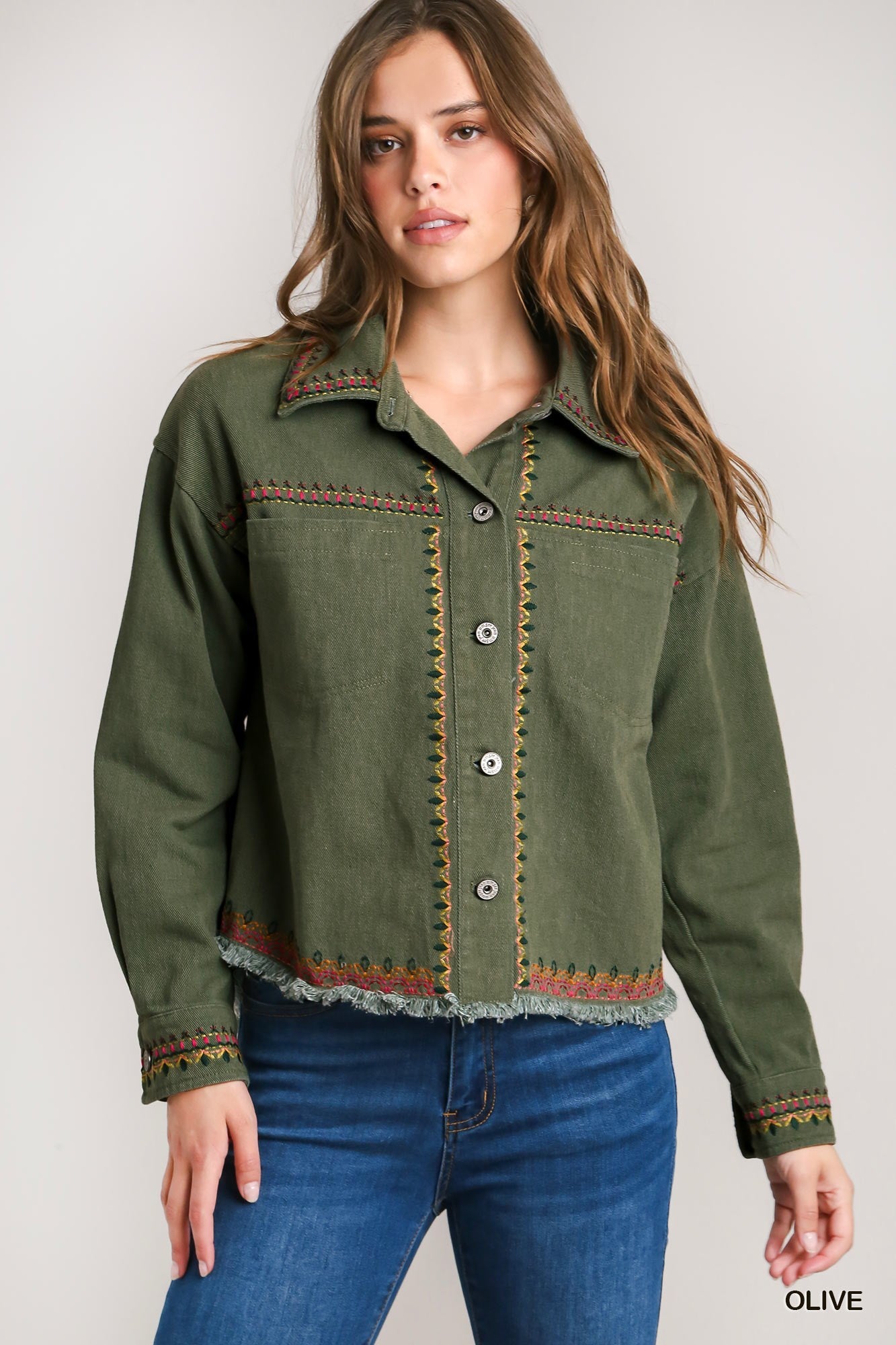 Solid Twill Jacket with Embroidery Detail