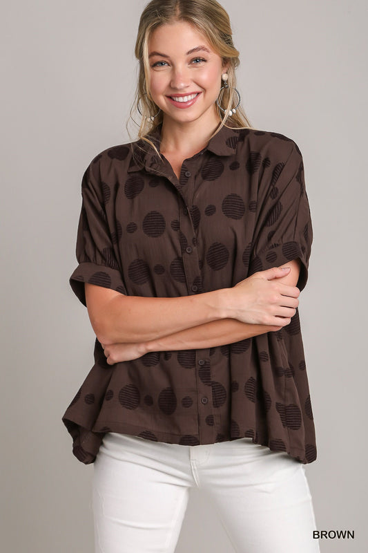 Texture Fabric Button Down Polka Dot Detailed Top