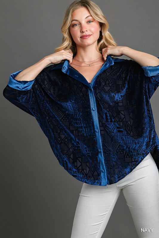 Solid Burnout Velvet  Button Down Shirt