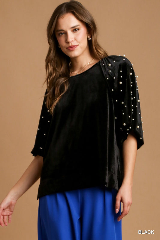 Boxy Cut Velvet Top 3/4 Pearl Cuffed Sleeves