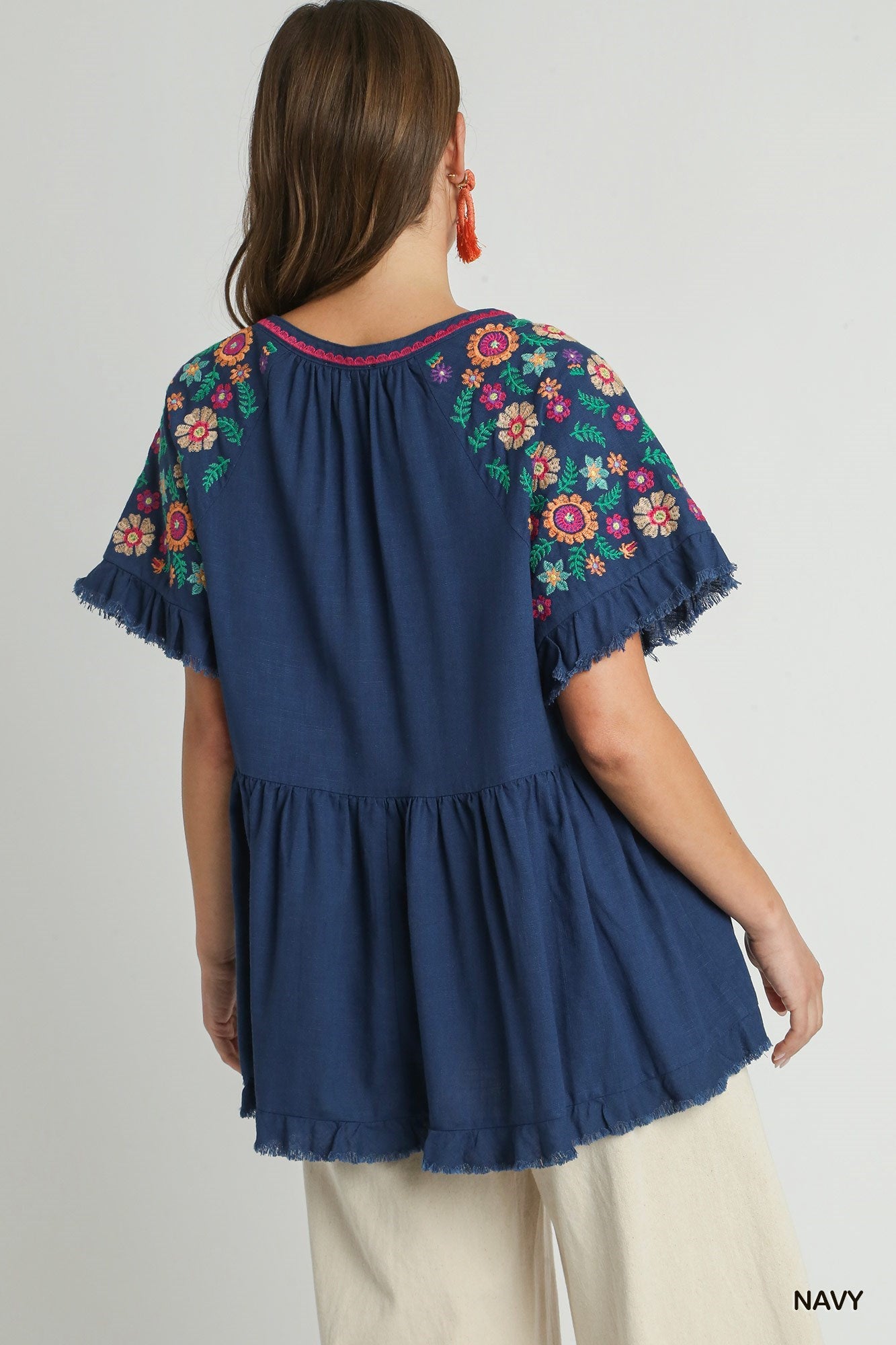 Baby Doll Split Neck Top with Embroidery Short Sleeve