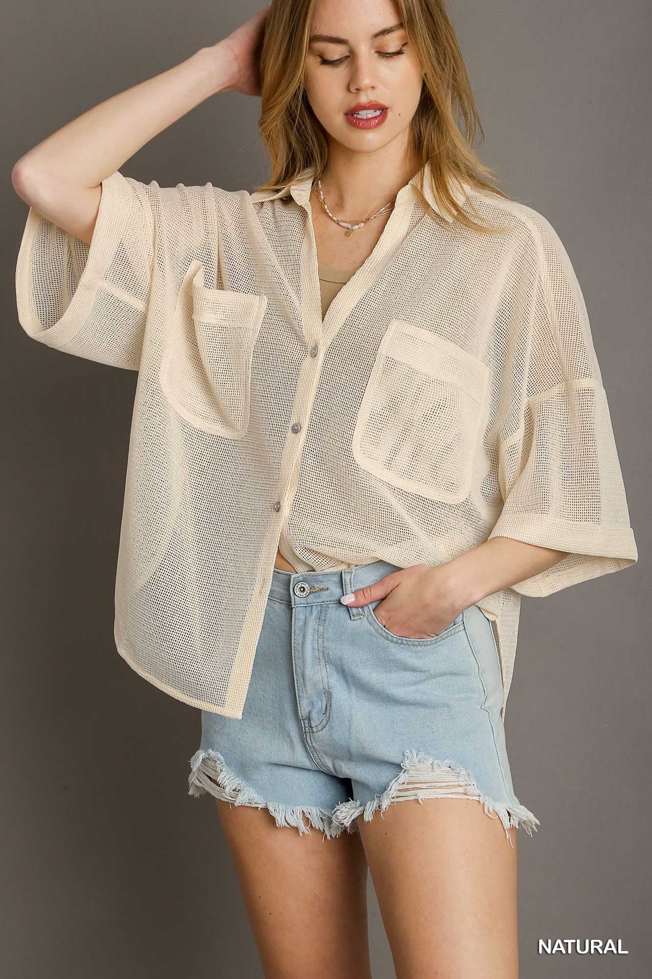 Mesh Button Down Collared Shirt