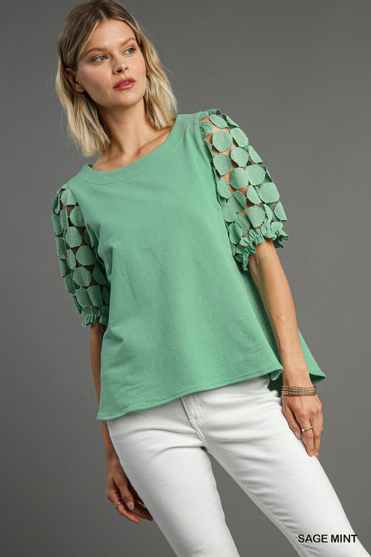 Round Neck Top with Lace Puff Sleeves