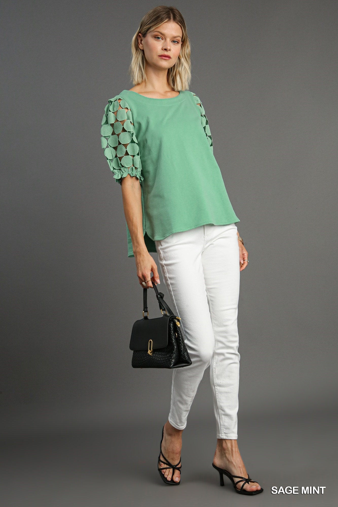 Round Neck Top with Lace Puff Sleeves
