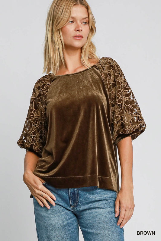 Velvet top with Floral Lace Sleeve