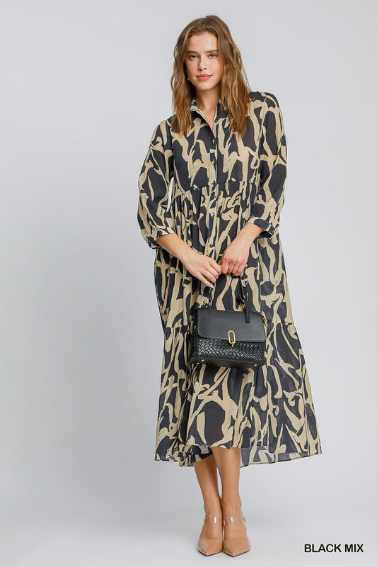 Two Tone Abstract Print Midi Dress