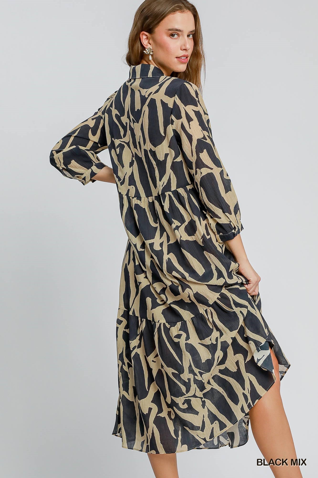 Two Tone Abstract Print Midi Dress