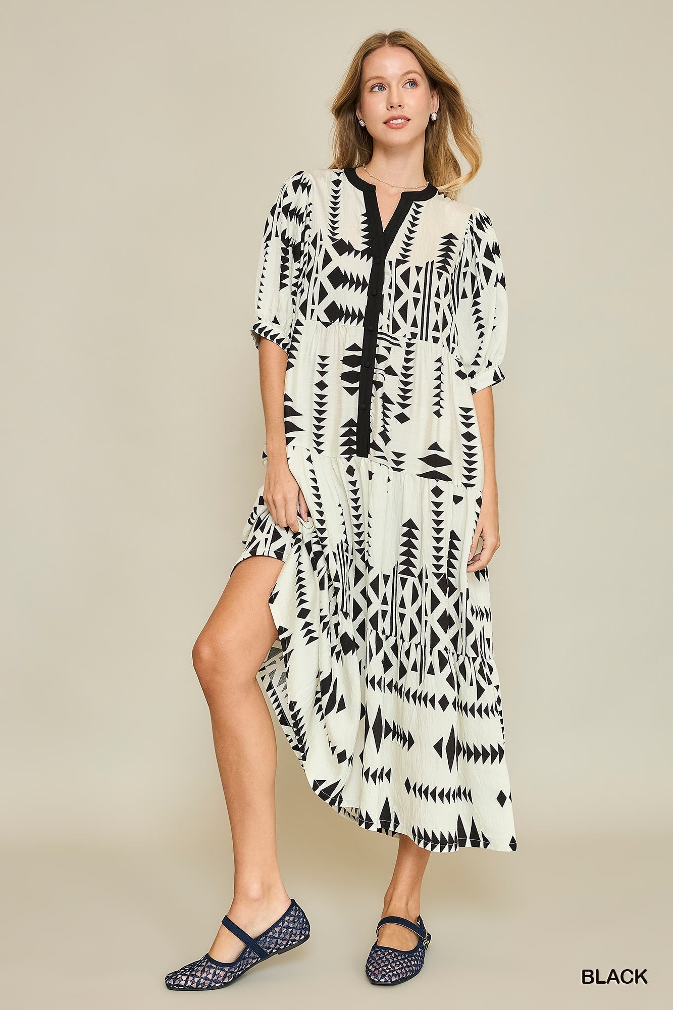 Aztec Print Half Button Dress