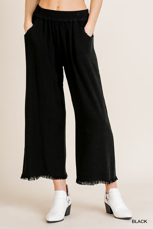 Wide Leg Pant with Elastic Waist, Pockets, and Frayed Hem