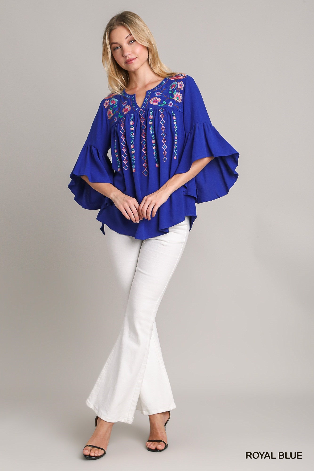 Embroidery  Top with 3/4 Bell Sleeves