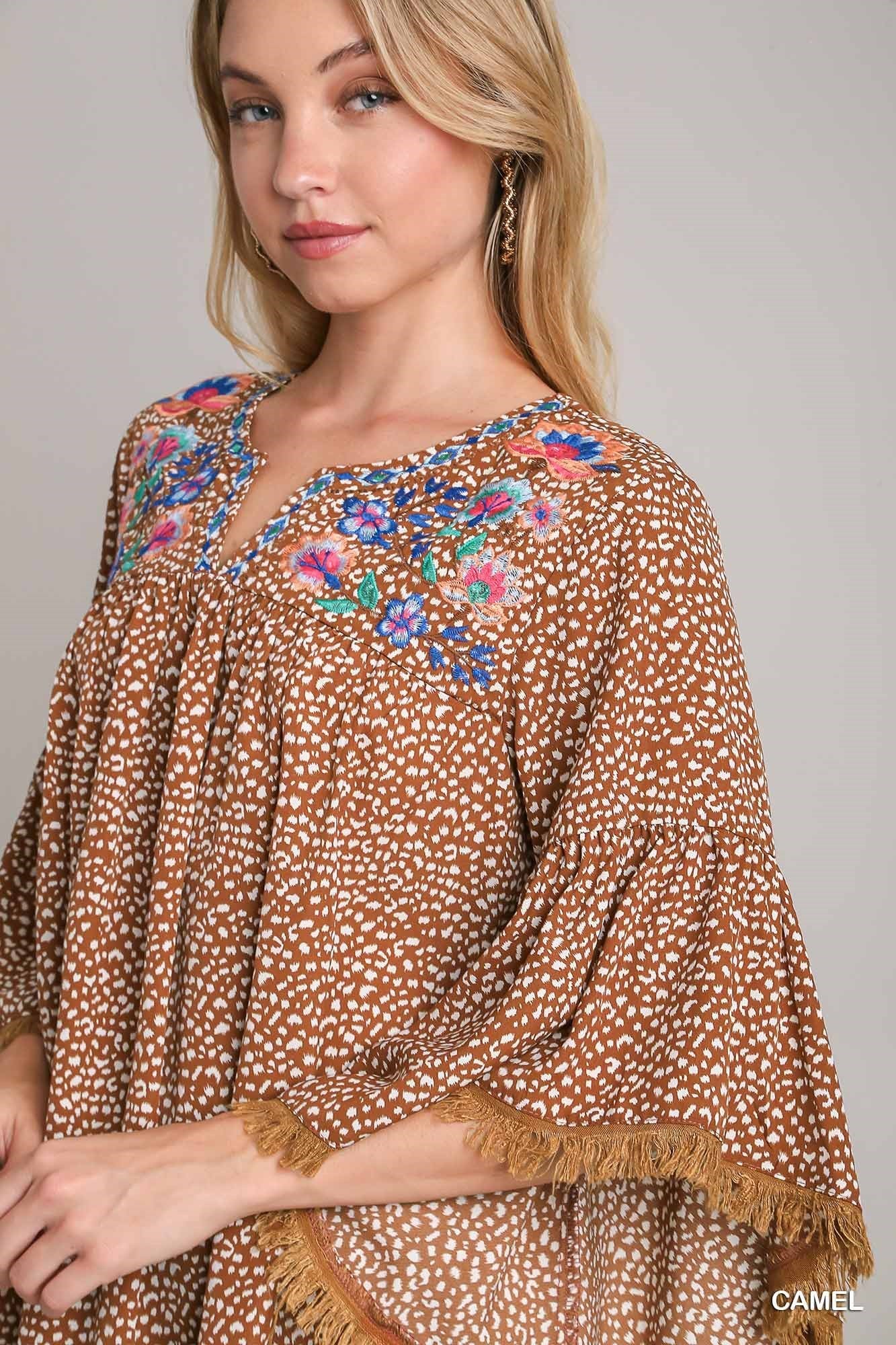 Embroidery Detail Top with 3/4 Bell Sleeves