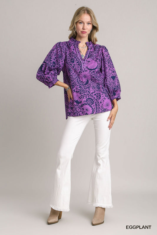 Paisley Print Notched Neckline Ruffle Trim Top