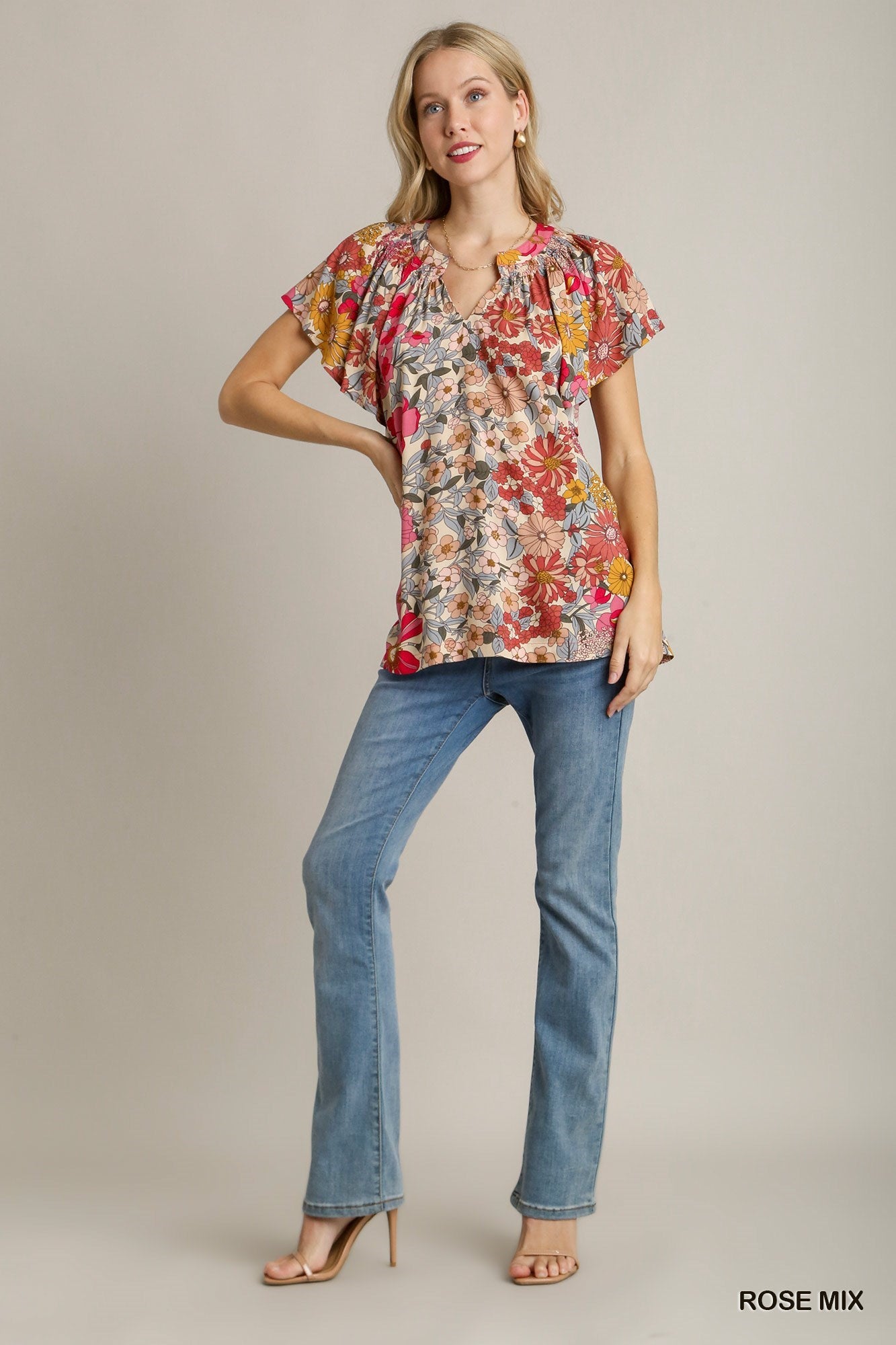 Floral Boxy Cut Split Neck Top