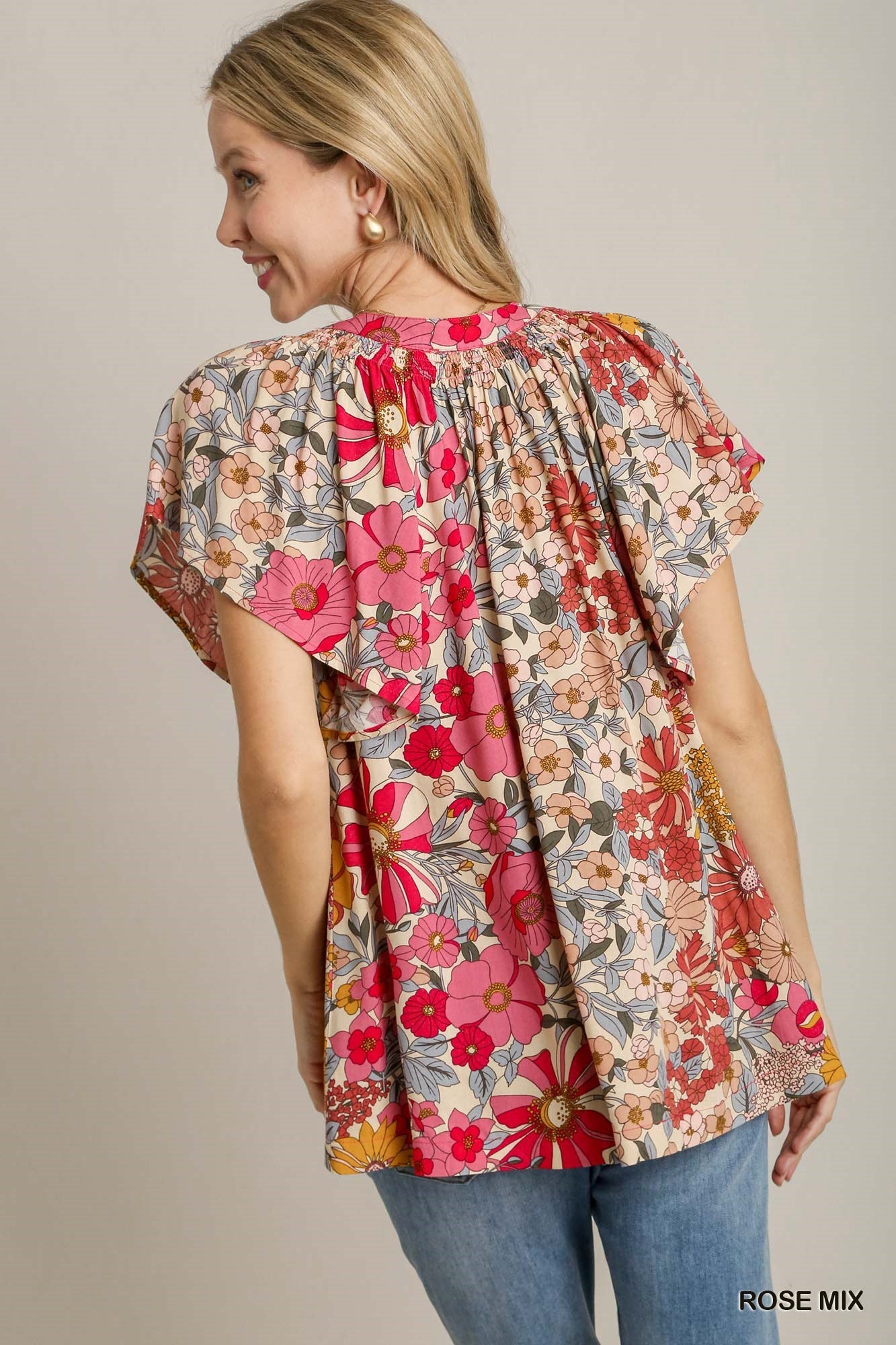 Floral Boxy Cut Split Neck Top