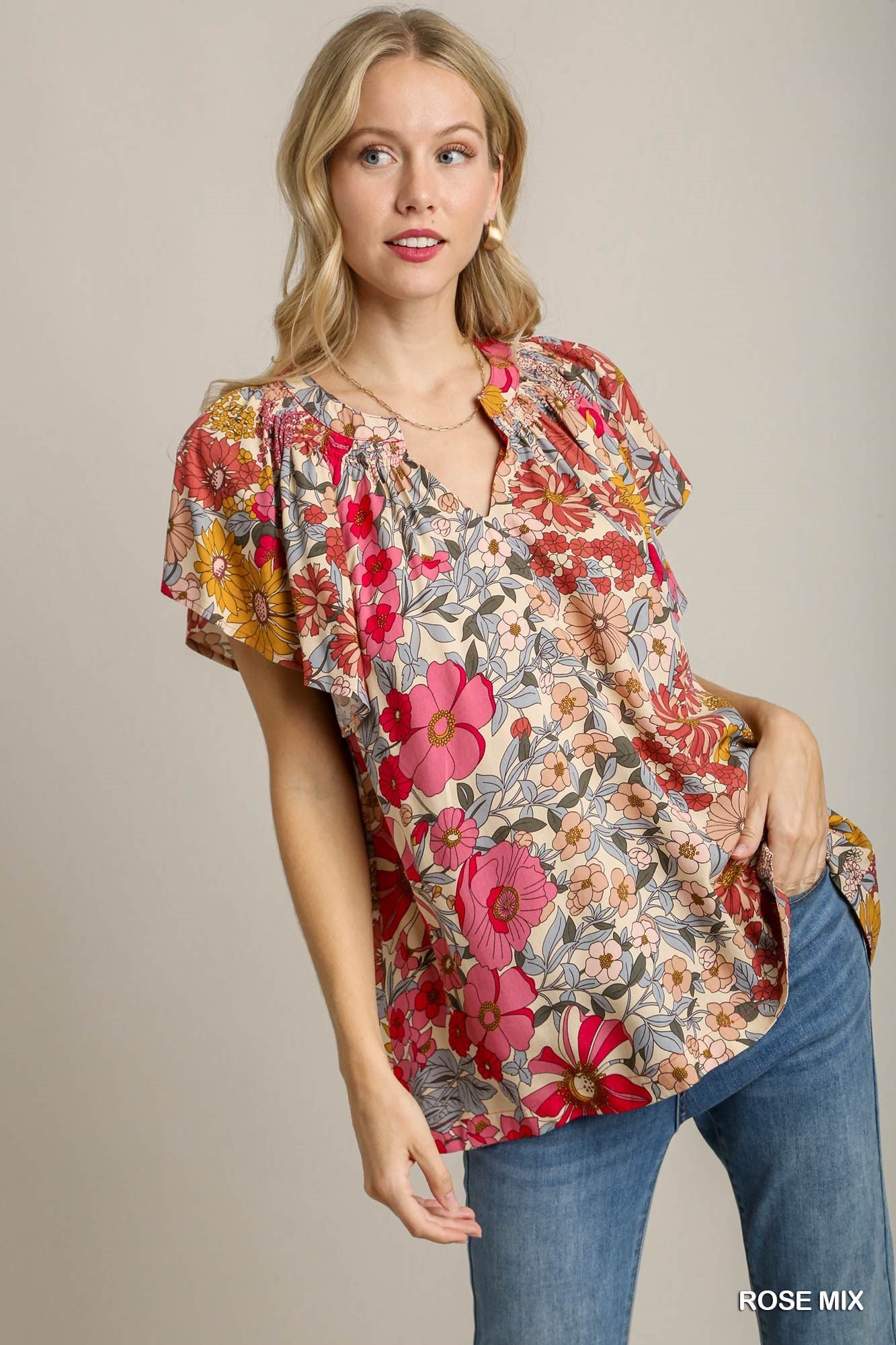 Floral Boxy Cut Split Neck Top