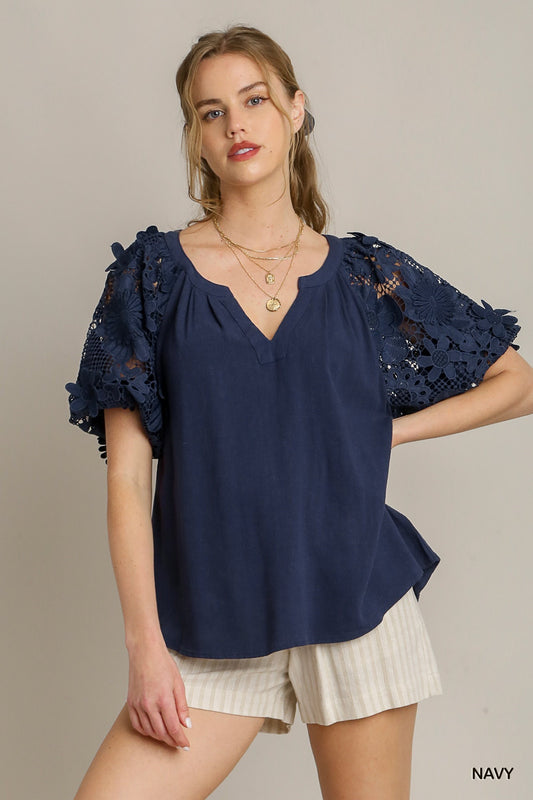Linen top with 3D Floral Lace Contrast Puff Sleeve