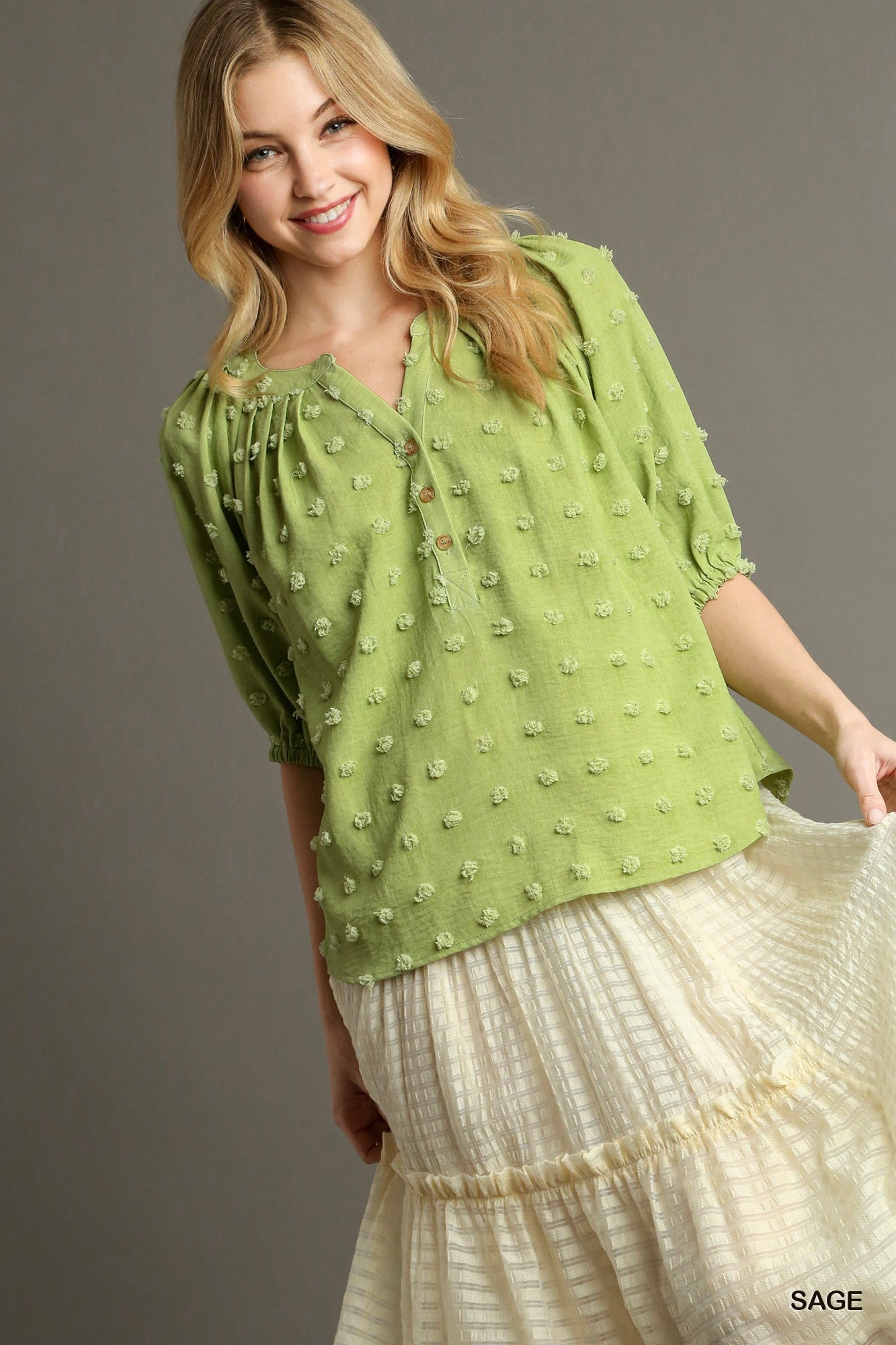 Swiss Dot Jacquard Boxy Cut Top with 3/4 Balloon Sleeve