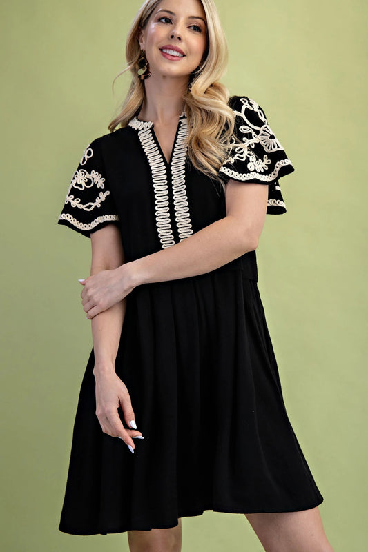 Embroidered Linen Flutter Sleeve Dress