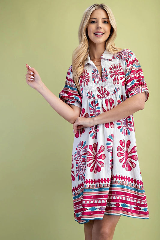 Printed Smocked Yoke Dress