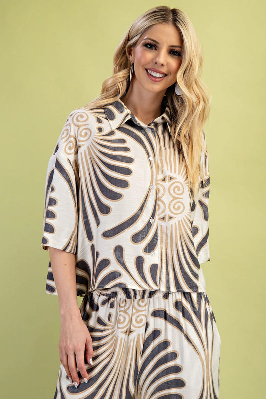 Bold Print Oversized V-Neck Long Sleeve Blouse