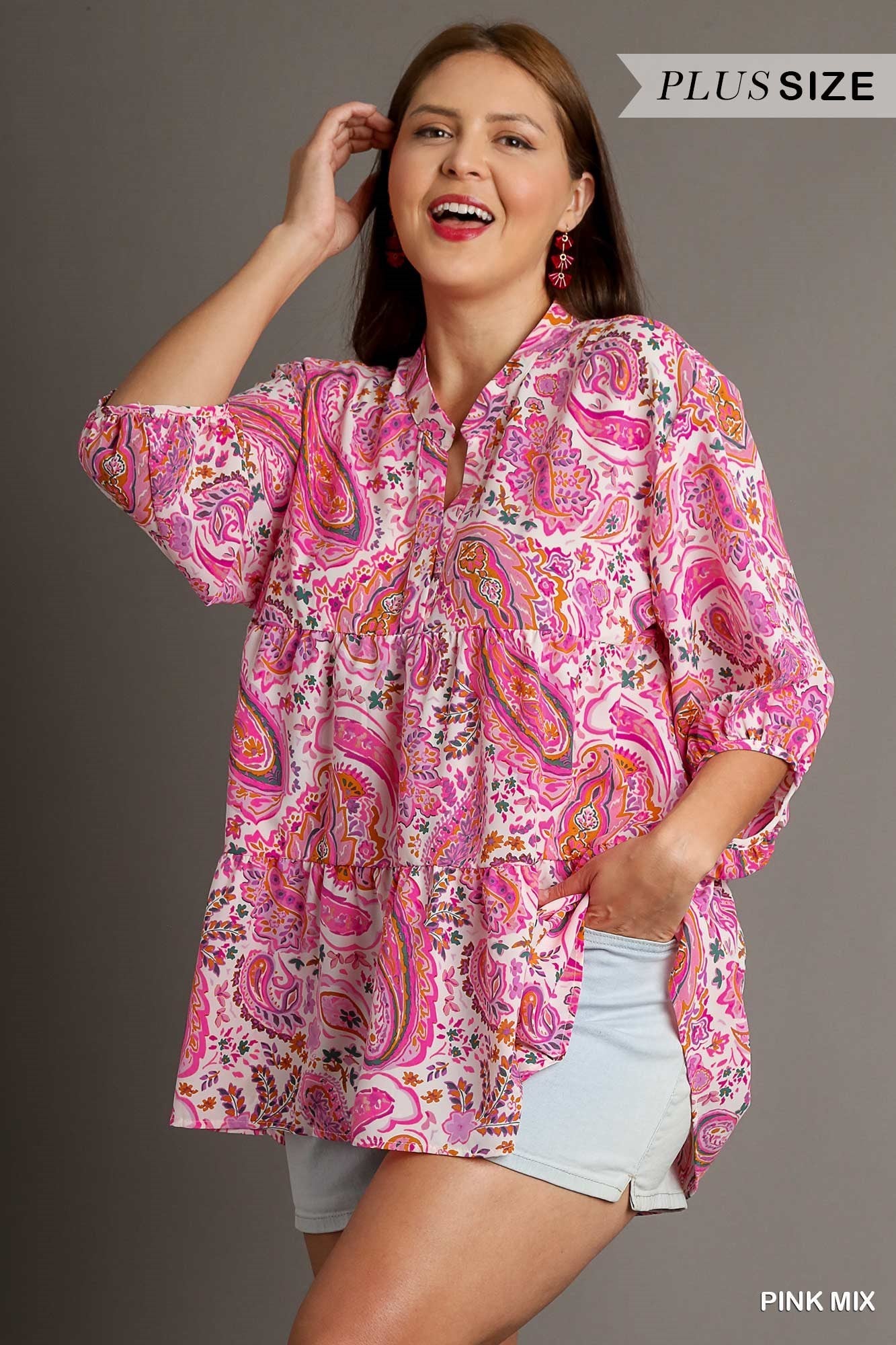 Paisley Print V-Notch, 3/4 Cuffed Sleeve Top