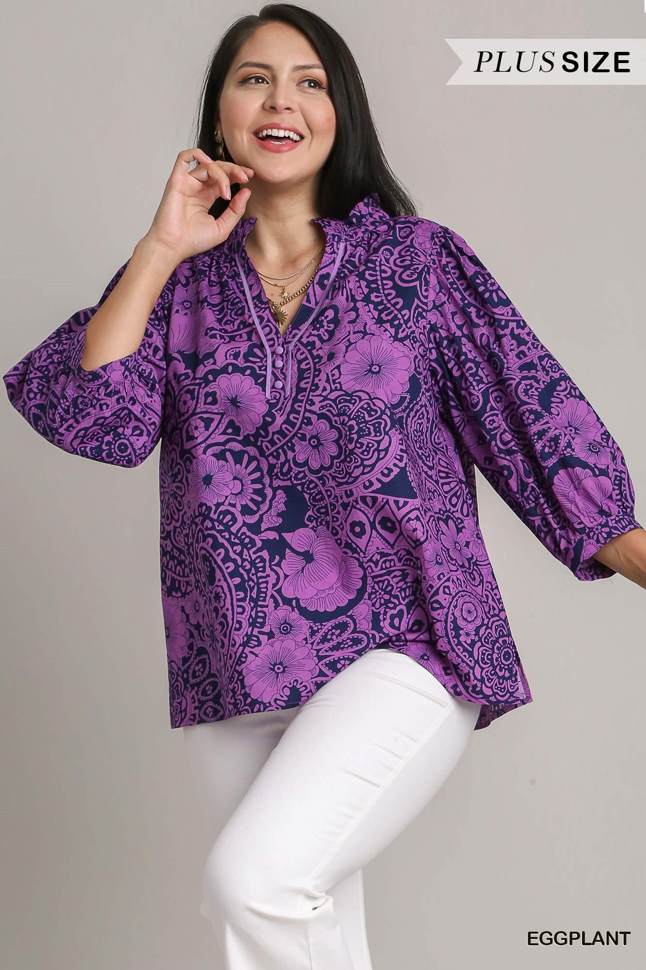 Mixed Print V-Notched Ruffle  Top 3/4 Sleeves with Side Slit