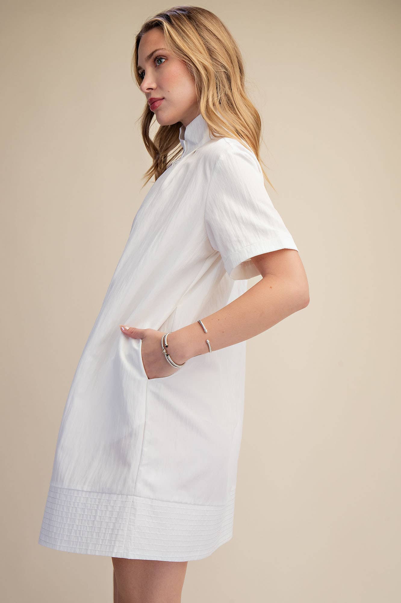 Stand Collar Short Sleeves Button Down Shift Dress