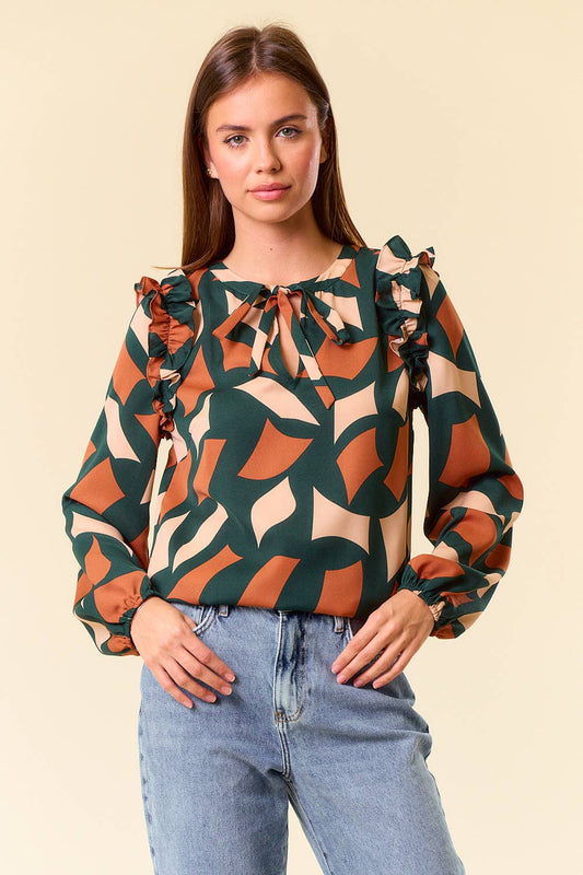 Abstract Print Tie Neck Long Sleeve Blouse