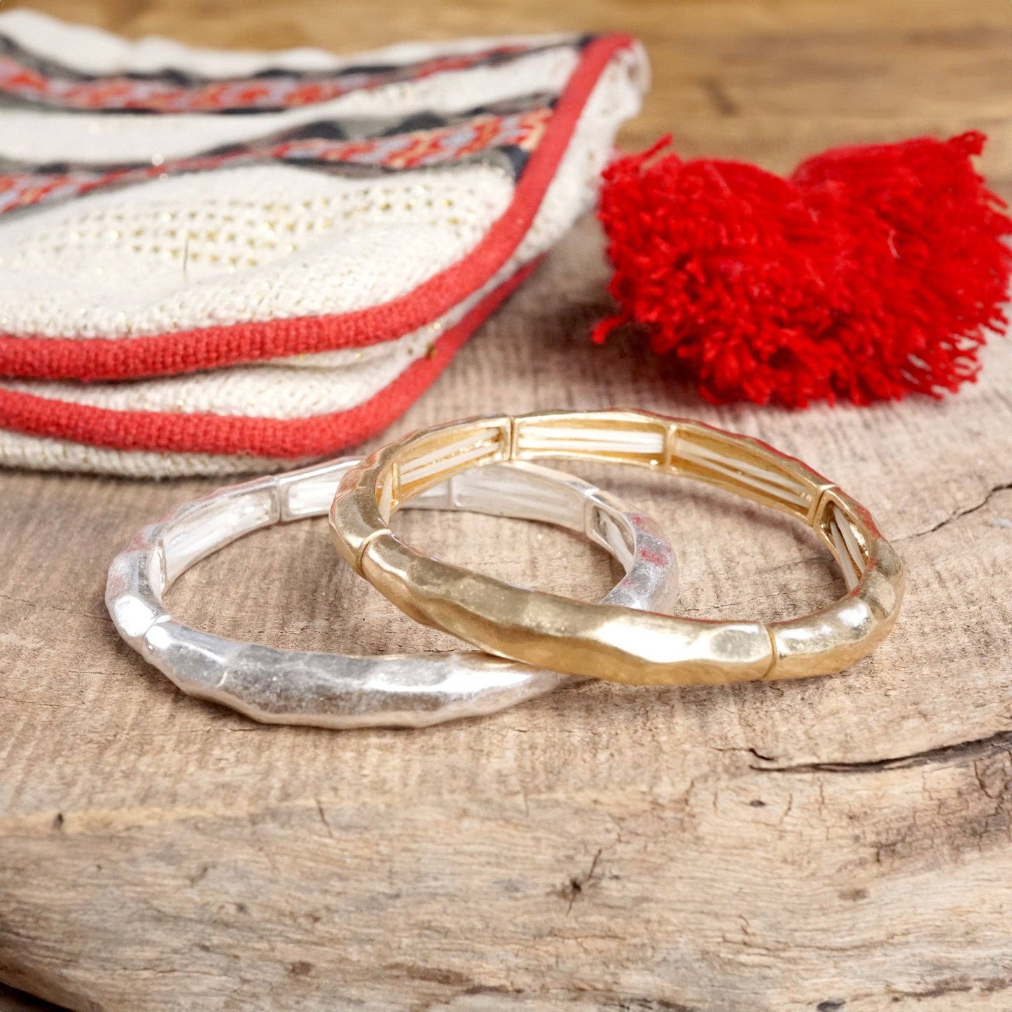 Boho Stretchy Minimalist Bangle Raw Textured Worn Silver tones