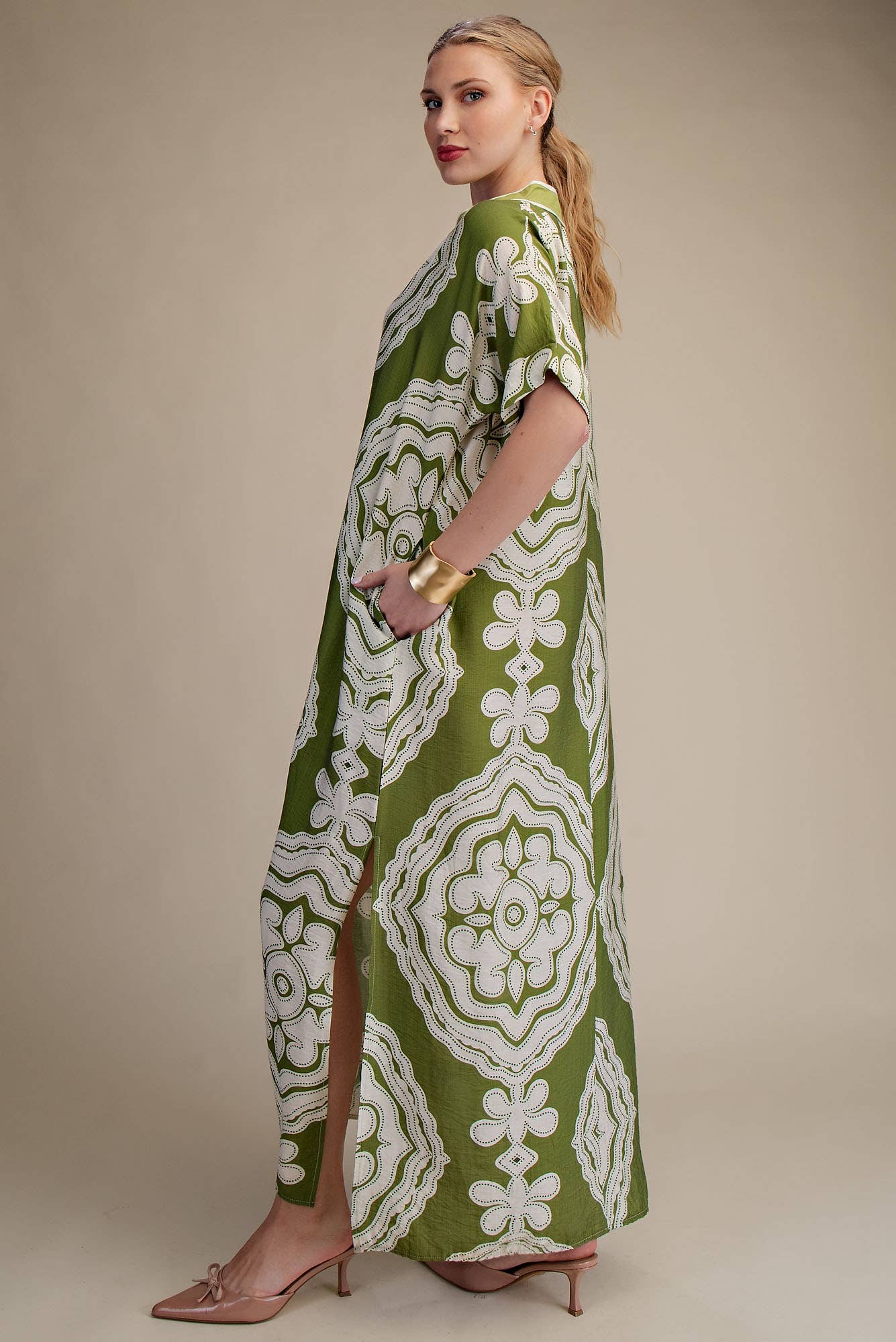 V-Neck Short Sleeve Maxi Print Dress