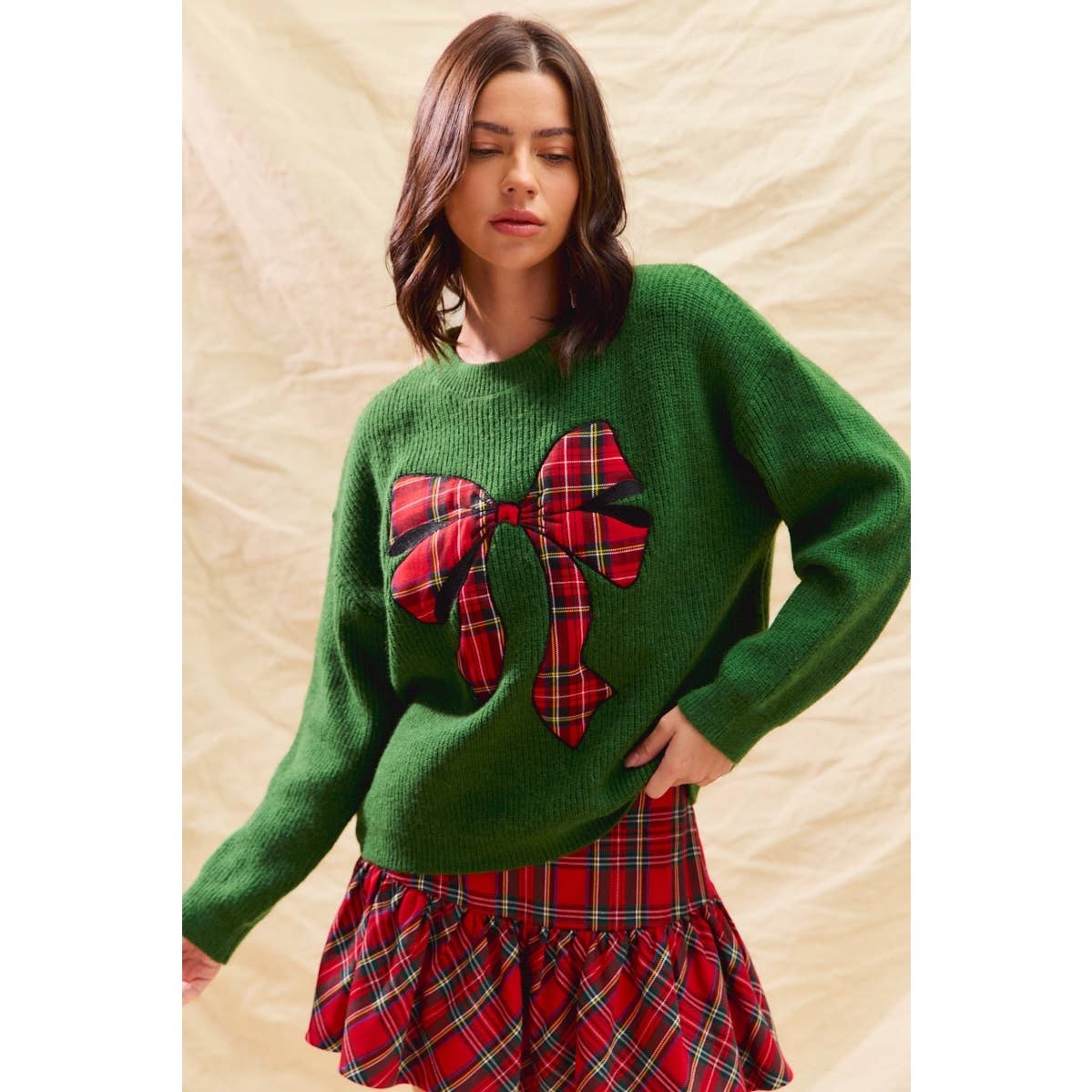 CHECKER PLAID RIBBON CHRISTMAS HOLIDAY SWEATER TOP